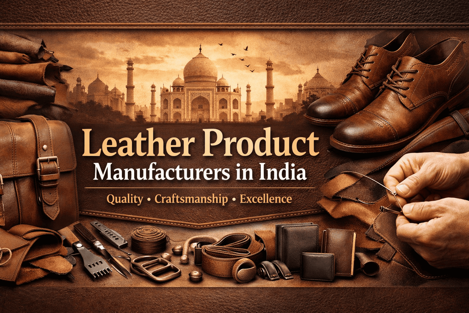 Premium leather products including wallets, belts, bags, card holders, caps and customized corporate leather gifts manufactured in India