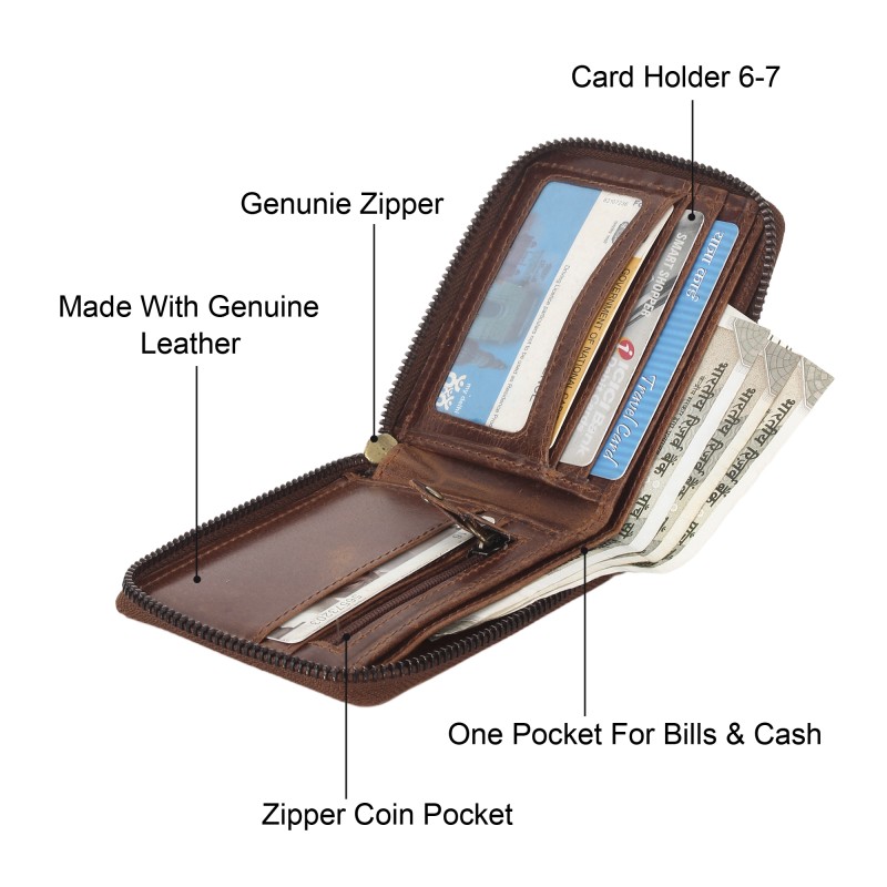 Leather wallet for men, RFID protected wallet, zip-around wallet, genuine leather wallet, men’s wallets, wallet with ID pocket, wallet with hidden compartments, Delhi manufacturer, leather wallet supplier, leather wallet exporter, bulk order leather wallets